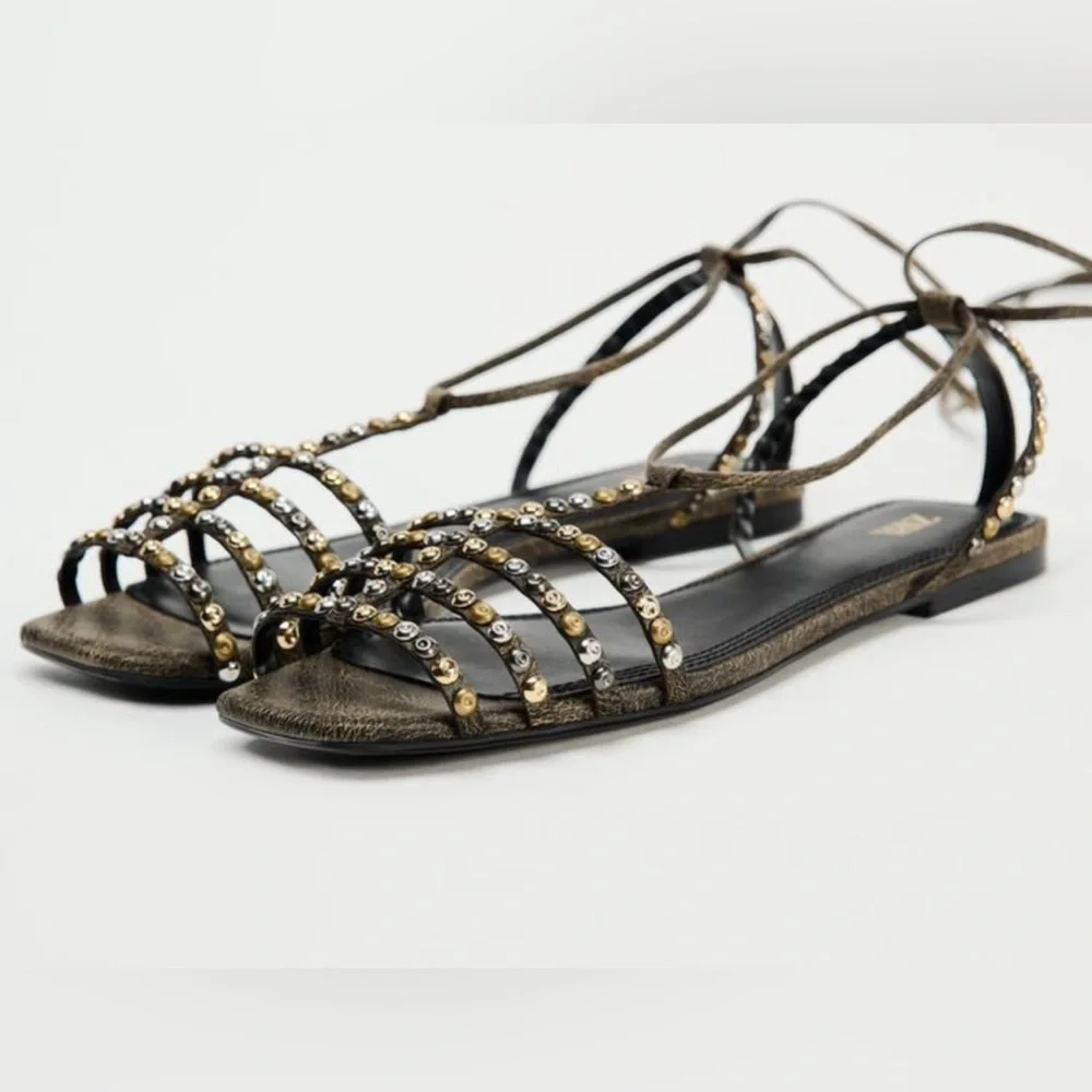 NWT ZARA LEATHER SQUARE TOE LACE UP SANDALS - Picture 5 of 11
